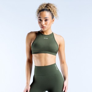 DFYNE Dynamic High Neck Backless Sport Melltartó Női Olivazöld | 26489-VMSX
