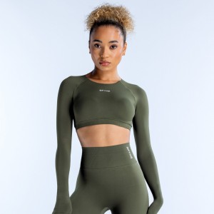 DFYNE Dynamic Long Sleeve Crop Felső Női Olivazöld | 80721-BOPU